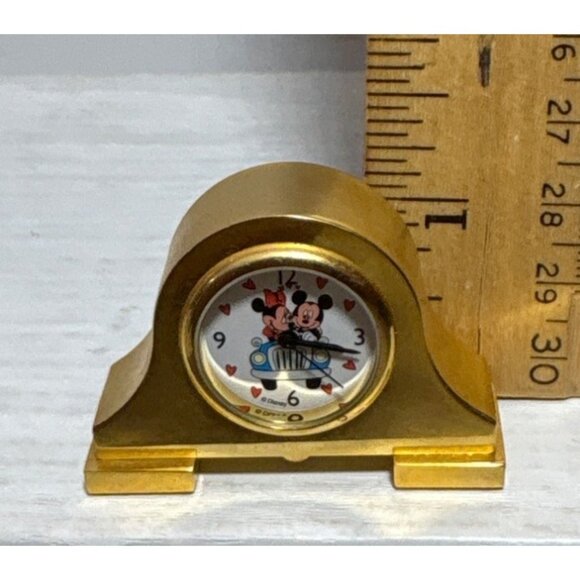 Disney Desk Mantel Clock Minature Mickey & Minnie Driving Gold Metal 2 x 1.25" - Picture 6 of 8
